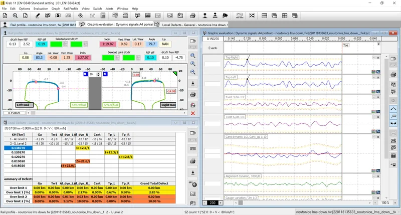 Graphic evaluation, rail profiles and the local defects table open side by side