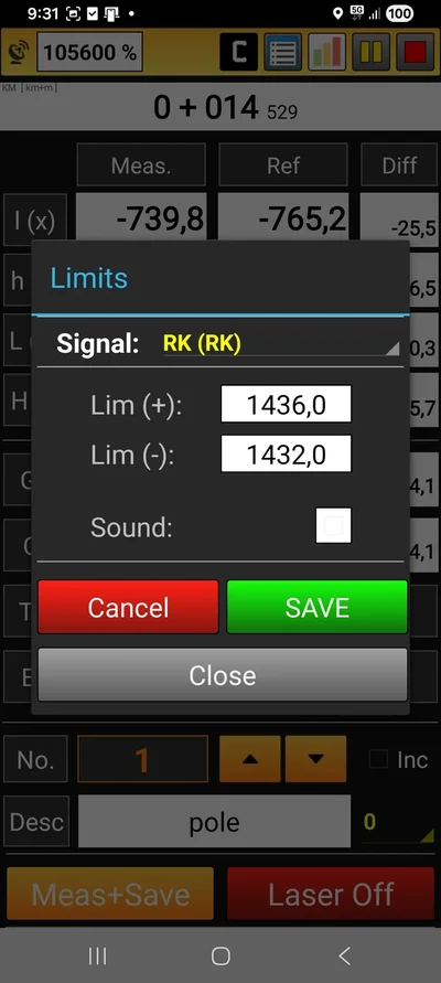 Limits for a measured signal: plus and minus limit with an optional sound alarm