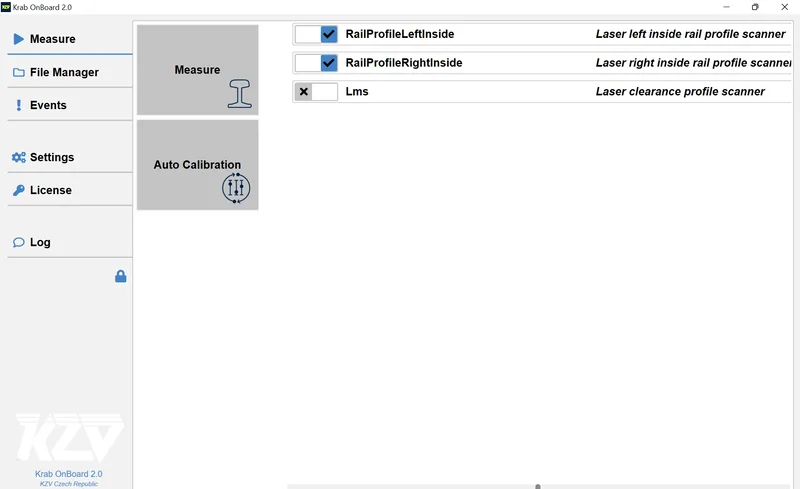 Main menu with the configured sensors: rail profile scanners and the LPS clearance scanner