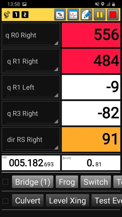 Measuring screen in double configuration: live corrugation values for both rails, exceedances in red, kilometrage, speed and event buttons