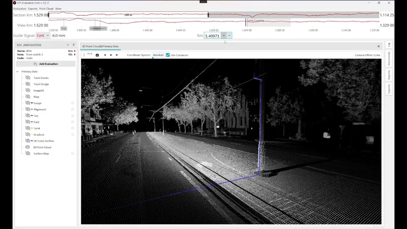 3D point cloud of a tram line at night: rails, road, trees, masts and the contact wire, with the cross section marked in blue