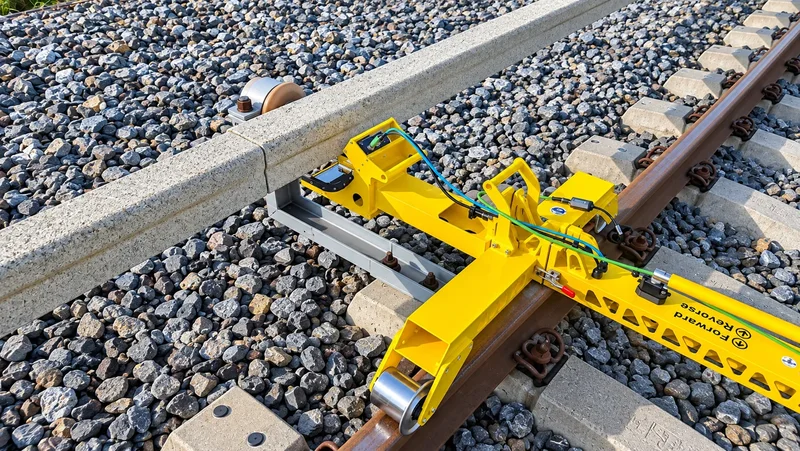 The sensor head of the add-on riding along the conductor rail, cabled to the trolley's sensor box