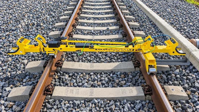 T-TROLLEY with the third rail measurement add-on: the beam across the running rails, and on the right the arm reaching out to the conductor rail beside the track