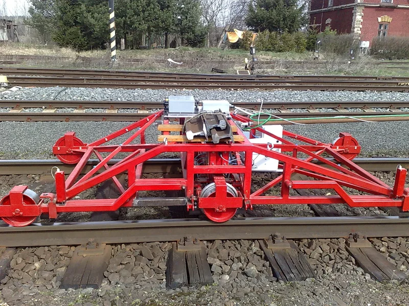 Gauge and twist are measured by contact through the wheels on both rails; alignment and top come from the IMU on the cross beam