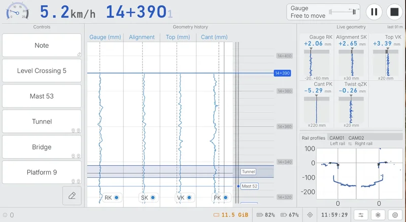 Krab OnBoard 3.0 live measurement screen: feature tagging, scrolling geometry history, live values against tolerance bands and the rail profile view